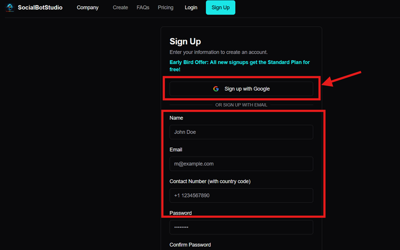 Signup page showing the prominent 'Sign up with Google' button above the email form.
