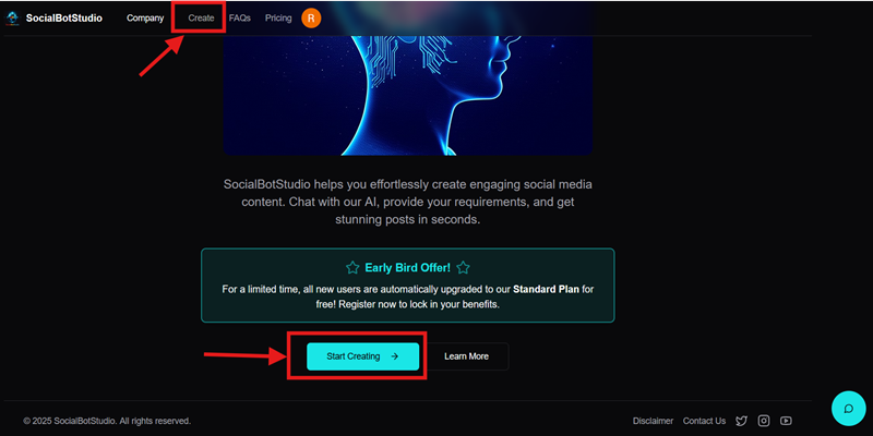 Homepage with an arrow pointing to the 'Start Creating' button.